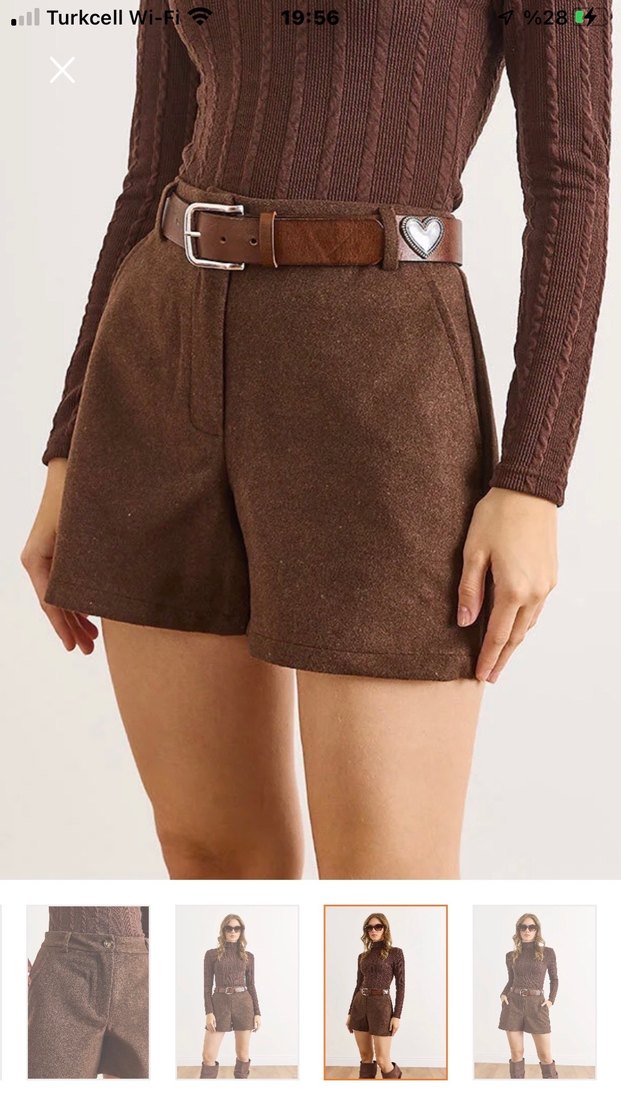 Kahverengi Kemerli Yüksek Bel Kaşe şort - Görsel 4