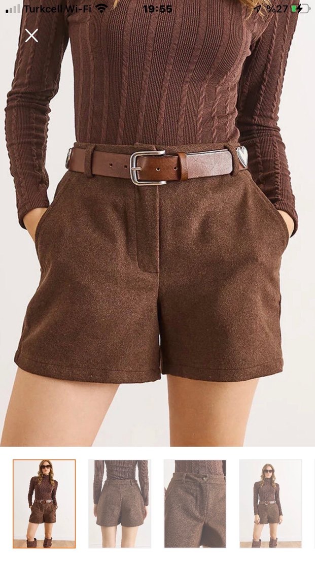 Kahverengi Kemerli Yüksek Bel Kaşe şort - Görsel 3