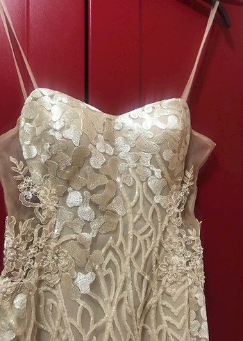 Straplez A Kesim Parlak Bej Gelinlik - Görsel 8