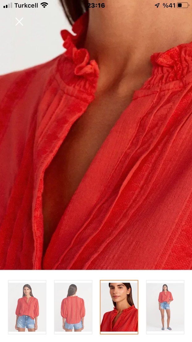 Düğmeli V Yaka Kırmızı Kısa Kollu Gömlek - Görsel 3