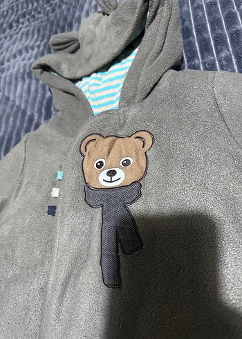 Gri Bebek Peluş Tulum, Ayıcıklı Kapüşonlu - Görsel 3
