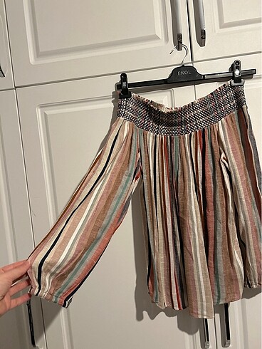 Pull and Bear Çizgili Kayık Yaka Bluz