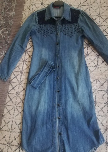 Uzun Mavi Kadın Kot Ceket Nakışlı - Görsel 5