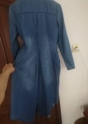 Uzun Mavi Kadın Kot Ceket Nakışlı - Görsel 2