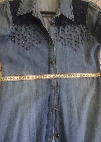 Uzun Mavi Kadın Kot Ceket Nakışlı - Görsel 7