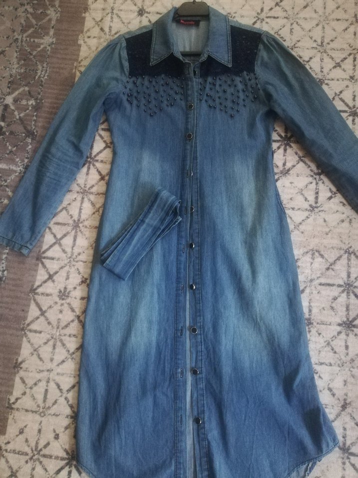 Uzun Mavi Kadın Kot Ceket Nakışlı - Görsel 5