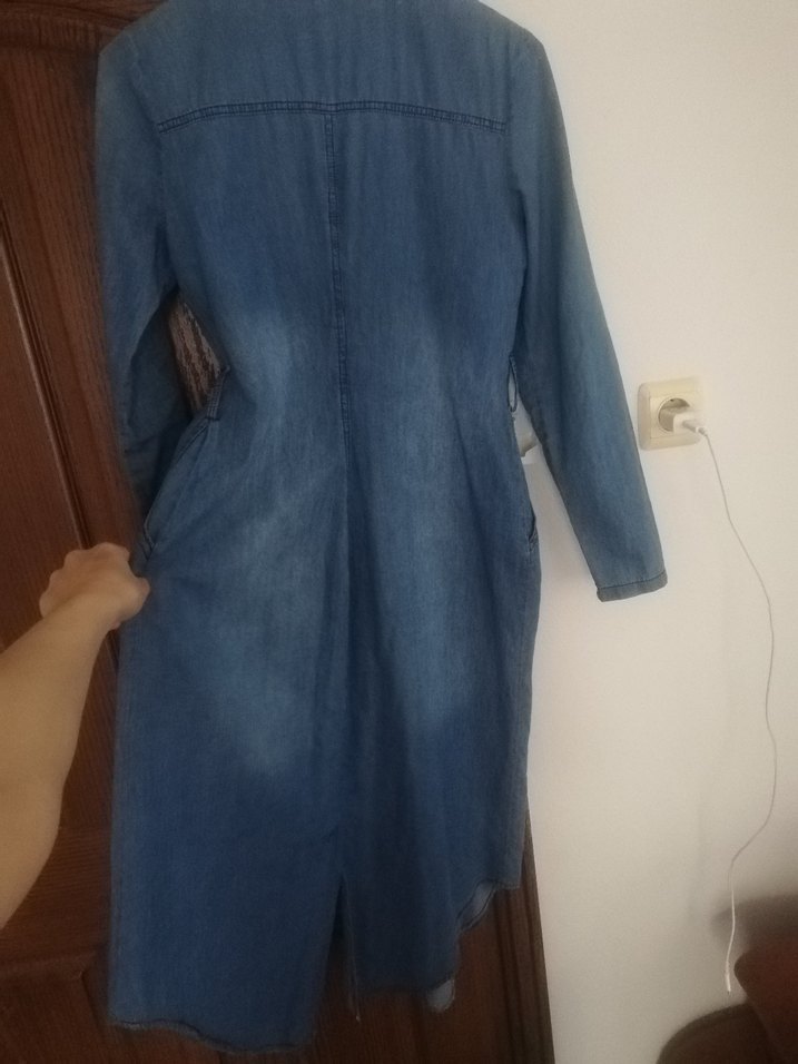 Uzun Mavi Kadın Kot Ceket Nakışlı - Görsel 2