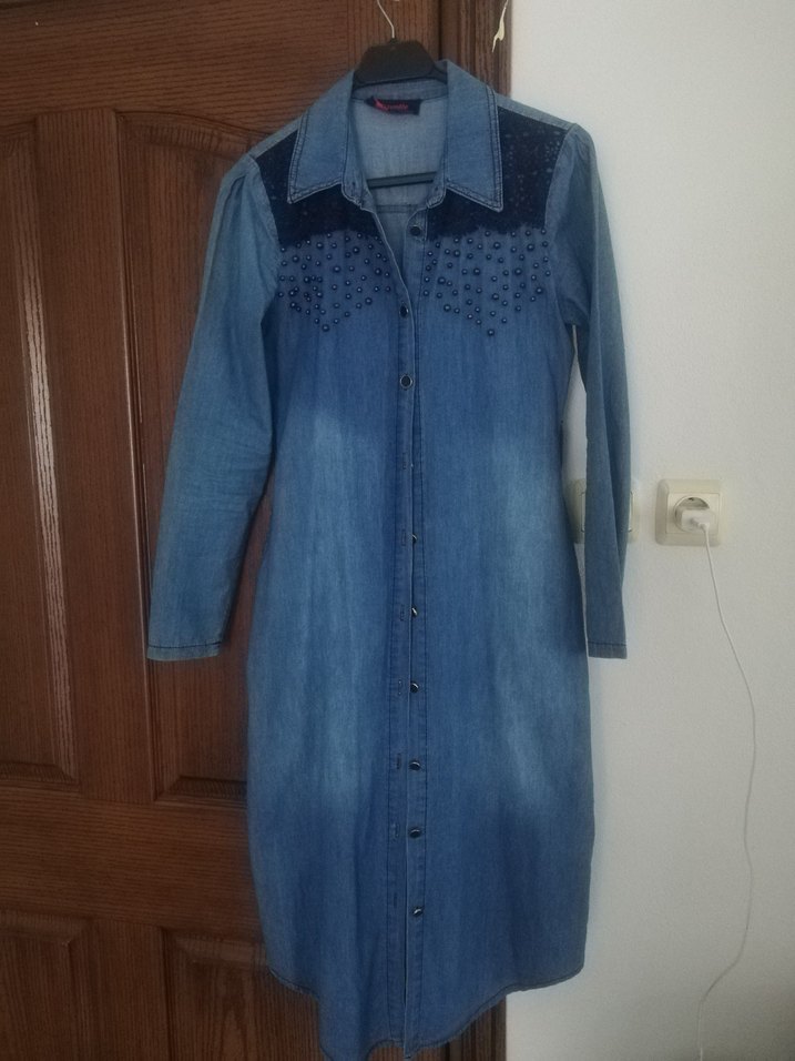 Uzun Mavi Kadın Kot Ceket Nakışlı - Görsel 1