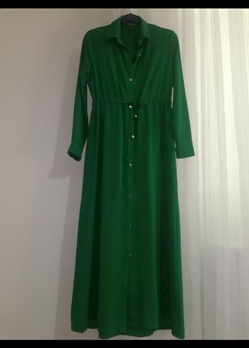 Kemerli Yeşil Denim Uzun Elbise - Görsel 2