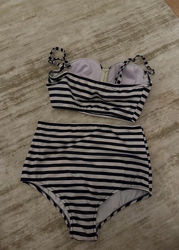 H&M Beyaz lacivert Çizgili yüksek bel Bikini Takımı