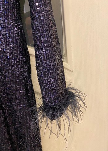 Uzun Kollu Lacivert Drapeli Abiye Elbise - Görsel 3