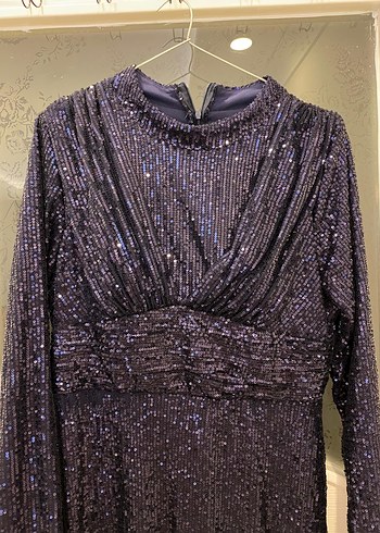 Uzun Kollu Lacivert Drapeli Abiye Elbise - Görsel 4