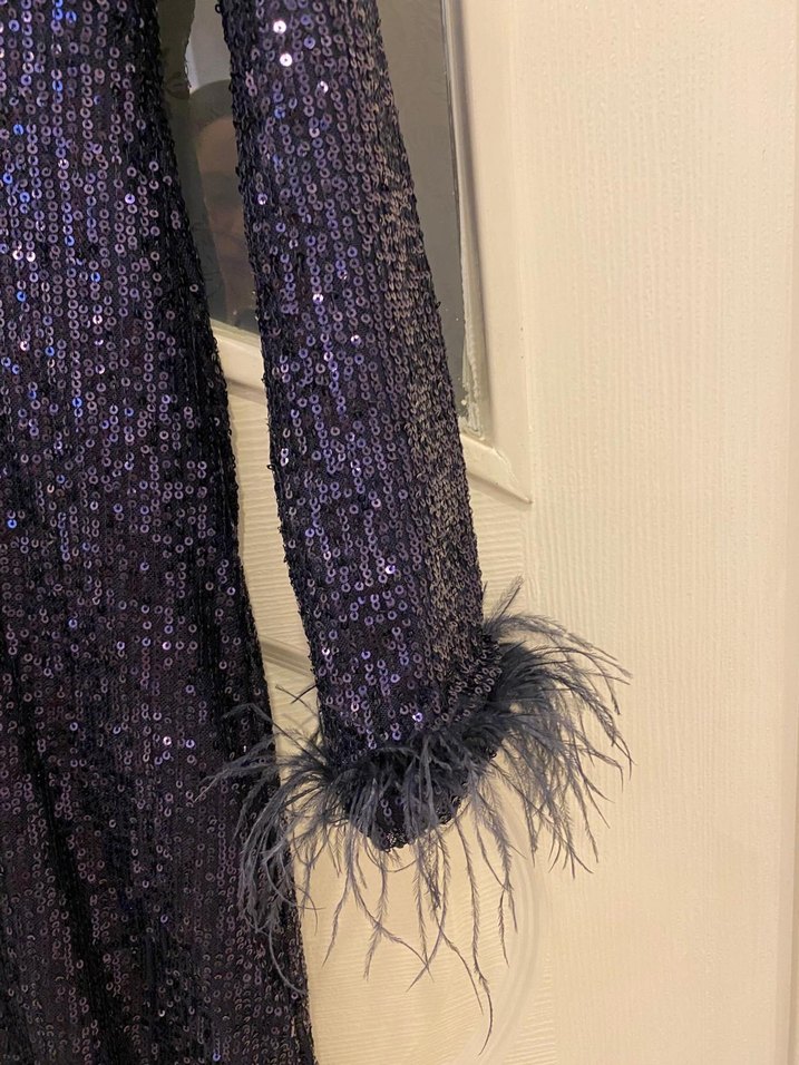 Uzun Kollu Lacivert Drapeli Abiye Elbise - Görsel 3