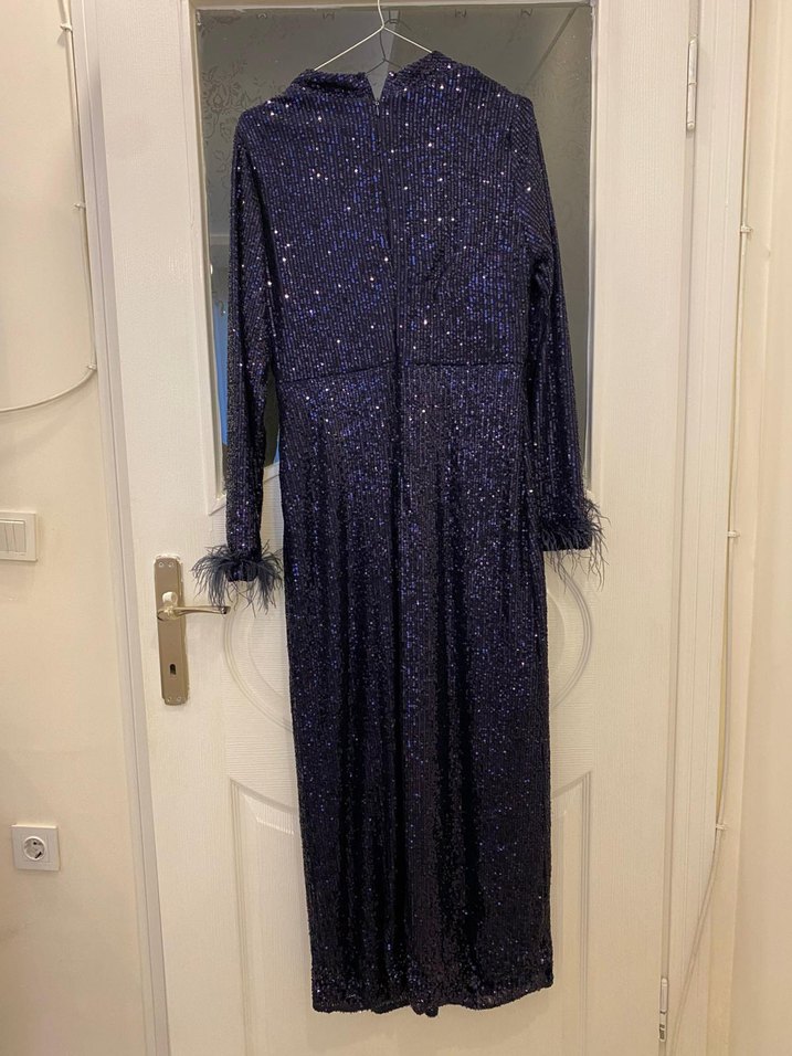 Uzun Kollu Lacivert Drapeli Abiye Elbise - Görsel 2