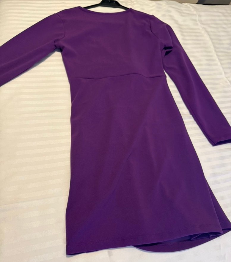 Mor V Yaka Drapeli Midi Elbise - Görsel 4