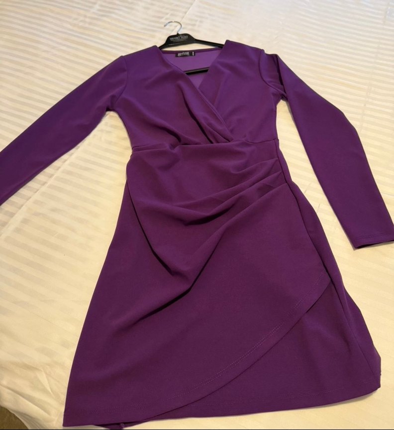 Mor V Yaka Drapeli Midi Elbise - Görsel 2