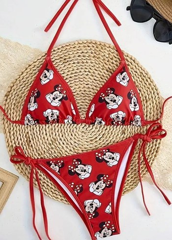 Kırmızı Minnie Baskılı İpli Bikini