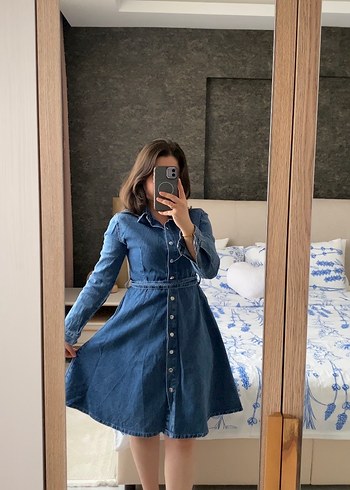 Kot Uzun Kollu Düğmeli Denim elbise - Görsel 3