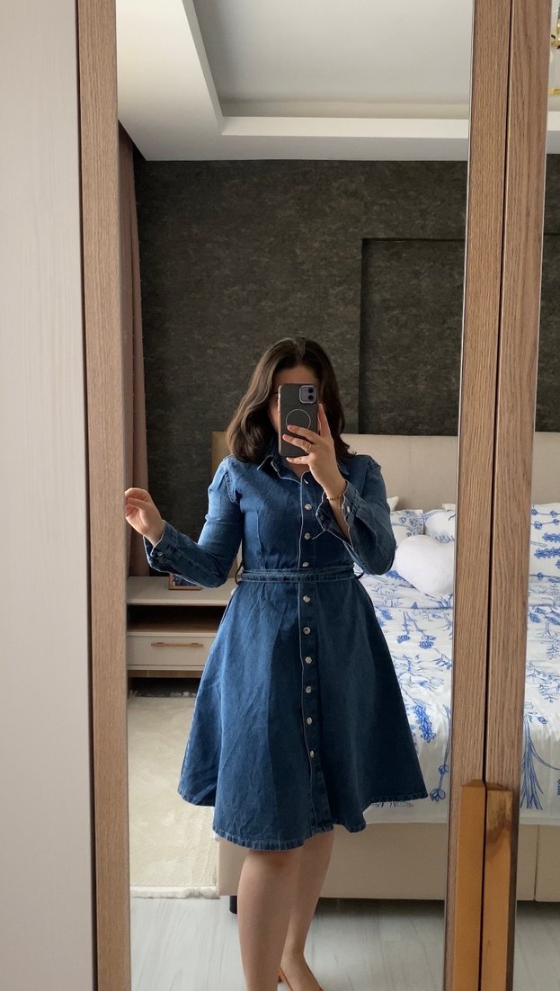 Kot Uzun Kollu Düğmeli Denim elbise - Görsel 2