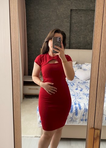 Kadın Kırmızı kareYakalı Midi Kalem Elbise - Görsel 2