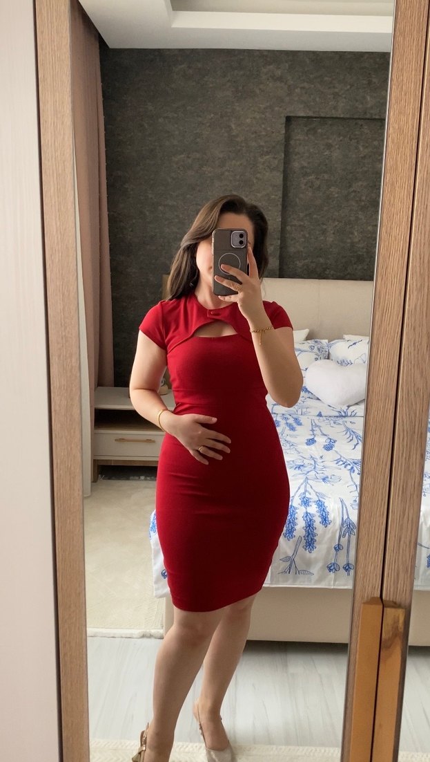 Kadın Kırmızı kareYakalı Midi Kalem Elbise - Görsel 2