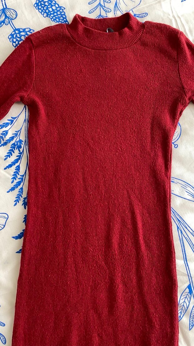 Bordo V Yakalı Uzun Kollu Kadın Elbise - Görsel 2