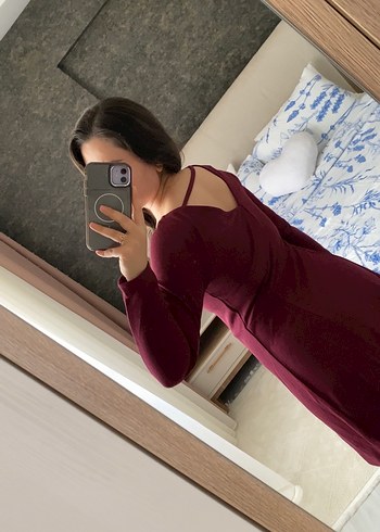 Bordo Uzun Kollu Midi Elbise - Görsel 3