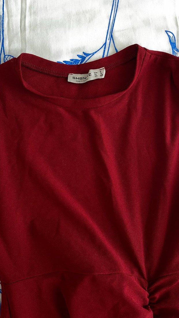 Kırmızı Drapeli bisiklet yaka Midi Elbise - Görsel 2