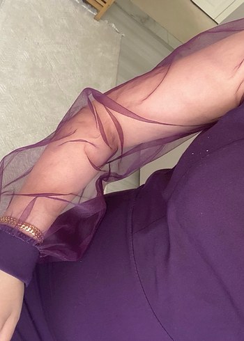 Mor Transparan Kollu kalem Elbise - Görsel 3