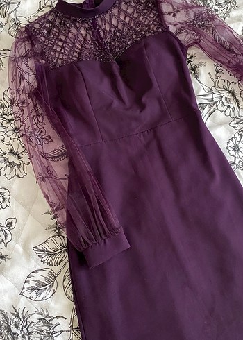 Mor Transparan Kollu kalem Elbise - Görsel 6