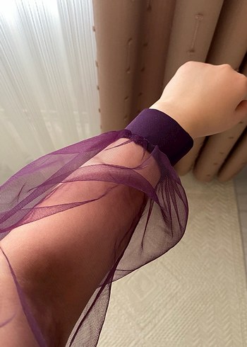 Mor Transparan Kollu kalem Elbise - Görsel 4