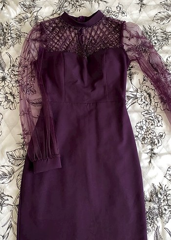 Mor Transparan Kollu kalem Elbise - Görsel 5