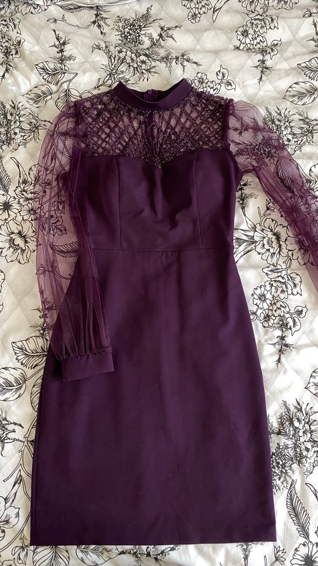 Mor Transparan Kollu kalem Elbise - Görsel 5