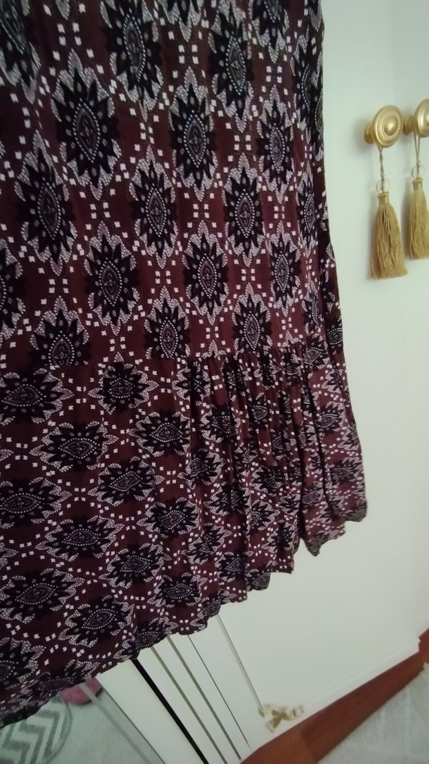 Bordo Desenli Örme Bohem Uzun Elbise - Görsel 3