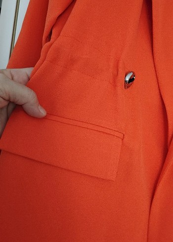 turuncu Düğmeli Uzun Kadın ceket/kap - Görsel 3