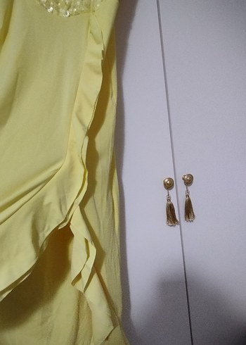 Sarı Nakışlı Uzun Abiye Elbise - Görsel 6