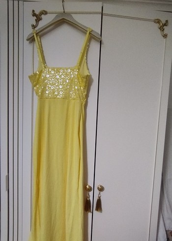 Sarı Nakışlı Uzun Abiye Elbise - Görsel 3