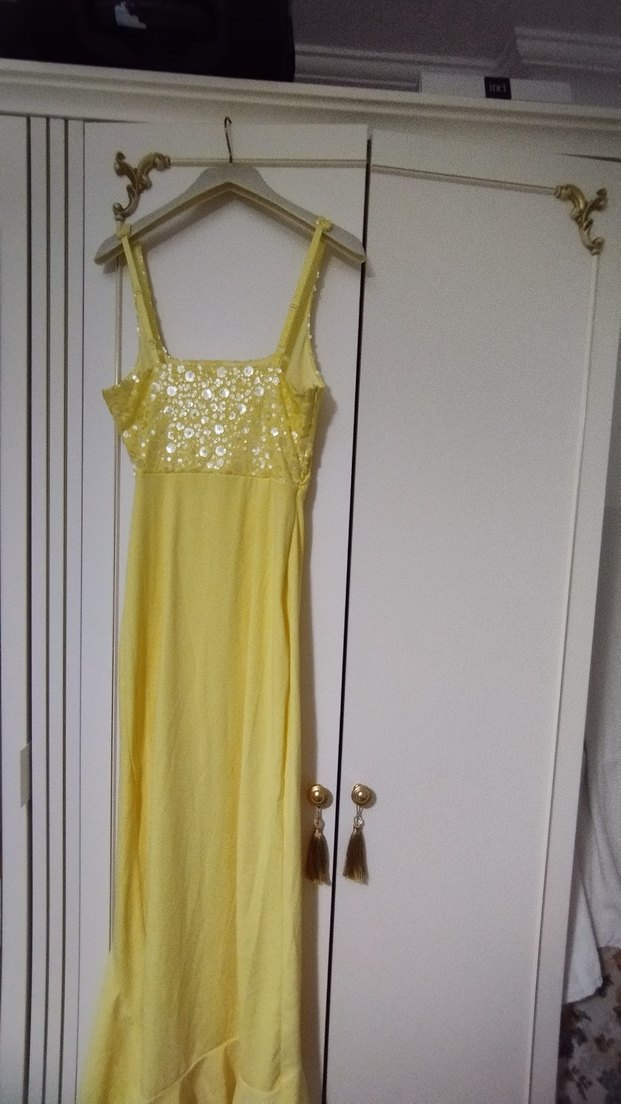 Sarı Nakışlı Uzun Abiye Elbise - Görsel 3