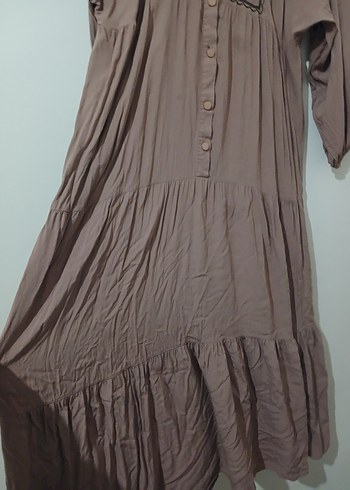 Düğmeli Nakışlı Açık kahve   Uzun Keten Elbise - Görsel 2