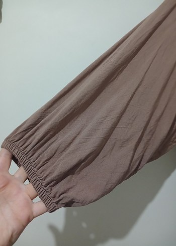 Düğmeli Nakışlı Açık kahve   Uzun Keten Elbise - Görsel 4