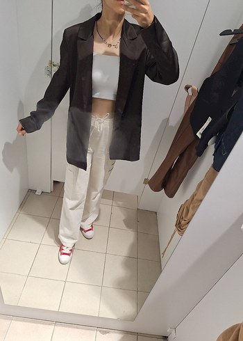 Düğmeli Kahverengi Saten Kadın Blazer
