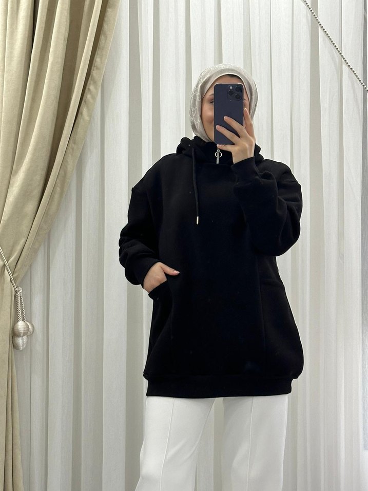 Bordo Kapüşonlu Kadın Sweatshirt - Görsel 2