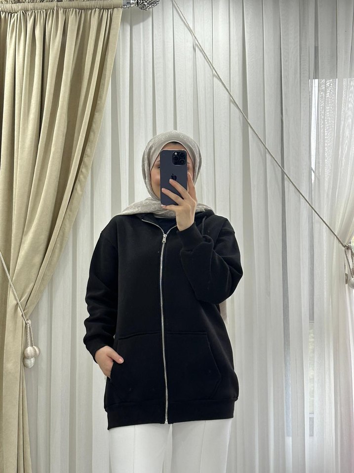 Kapüşonlu Fermuarlı Kahverengi Sweatshirt - Görsel 4