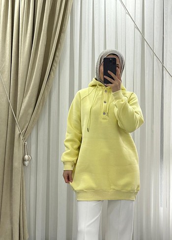Sarı Kapüşonlu Düğmeli Kadın Sweatshirt
