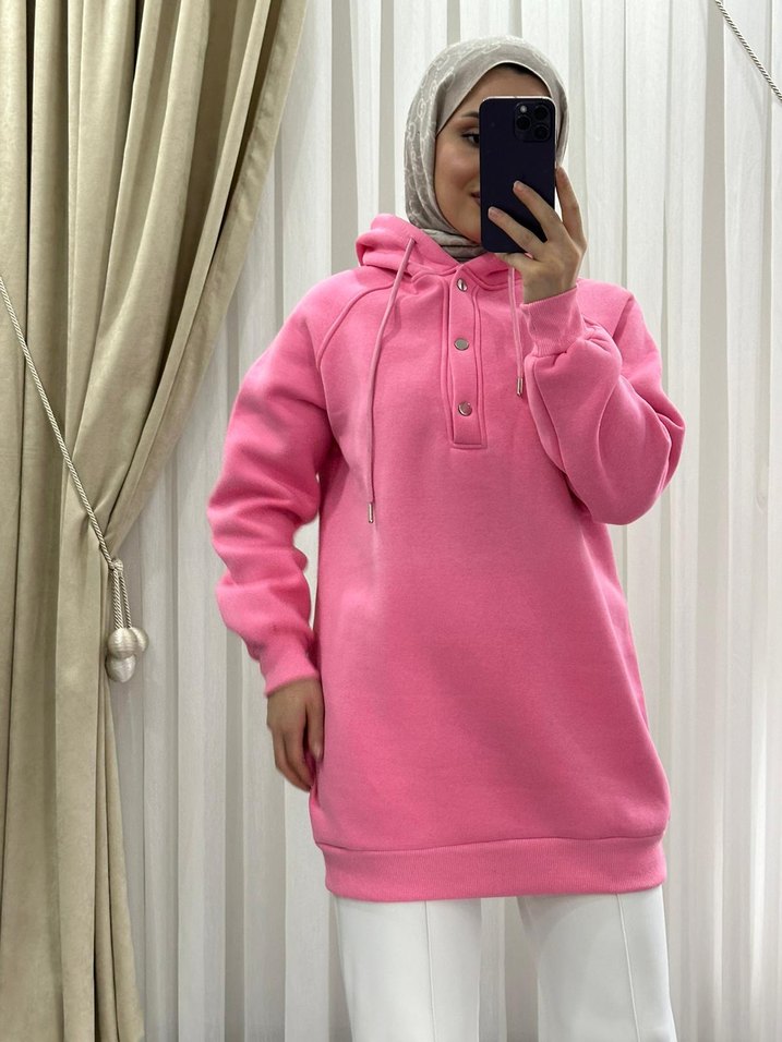 Sarı Kapüşonlu Düğmeli Kadın Sweatshirt - Görsel 4