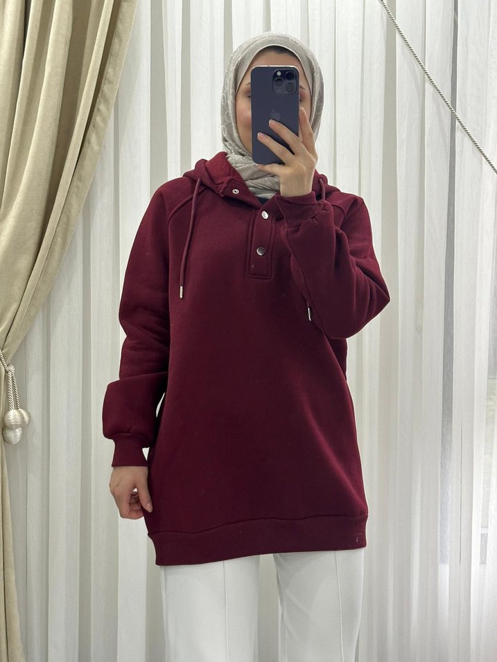 Sarı Kapüşonlu Düğmeli Kadın Sweatshirt - Görsel 2