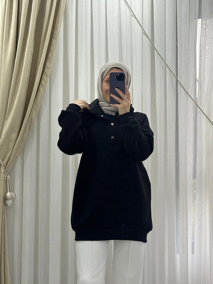 Sarı Kapüşonlu Düğmeli Kadın Sweatshirt - Görsel 5