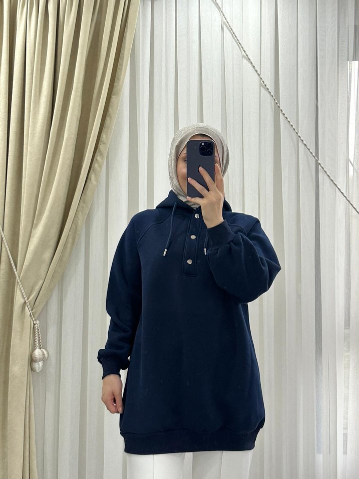 Sarı Kapüşonlu Düğmeli Kadın Sweatshirt - Görsel 3