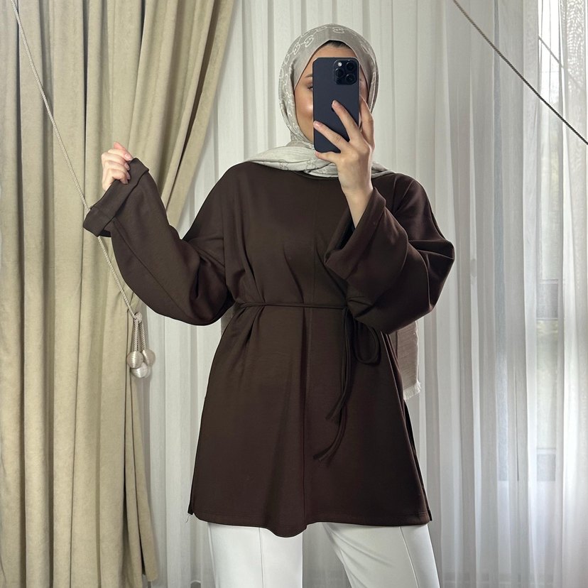 Bordo Salaş Midi Tunik, Uzun Kollu, Yüksek Yaka - Görsel 3