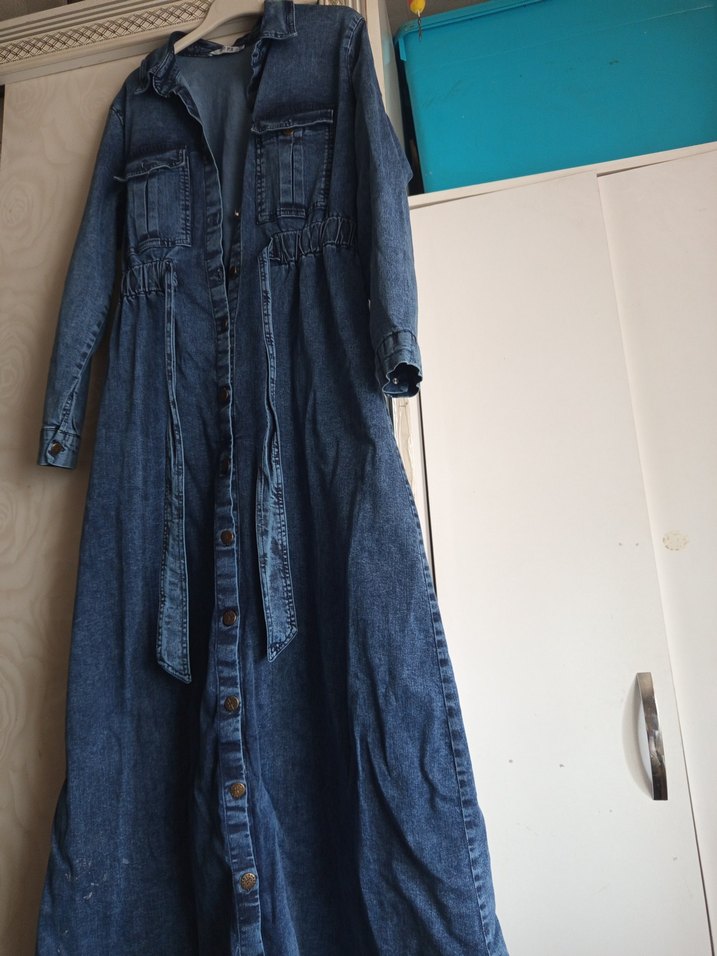 Düğmeli Lacivert Uzun Kot Elbise - Görsel 2